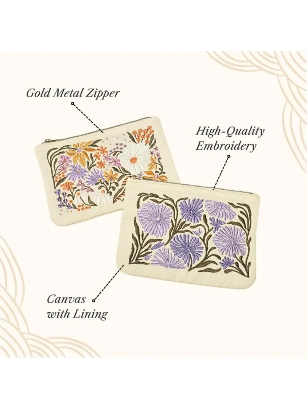 Embroidered Makeup Pouch with Zipper Closure - Travel & Daily Essentials Bag